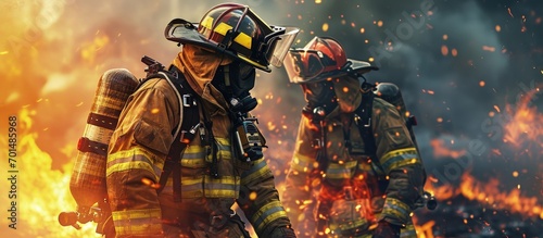 Professional firefighter help their partner through the process of adjusting and fine tuning their gear ensuring it is tailored to their specific needs. Creative Banner. Copyspace image