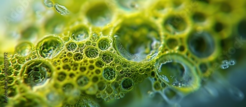 Micrasterias a genus of beautiful green algae from desmid group The species probably Micrasterias apiculata 100x magnification with selective focus. Creative Banner. Copyspace image photo