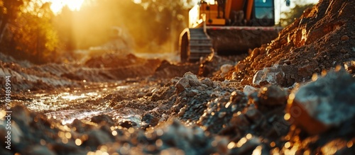 Quarry aggregate with heavy duty machinery Construction industry Horizontal. Creative Banner. Copyspace image
