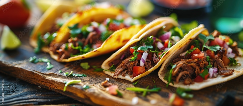 Fototapeta premium Tacos al pastor Also known as Tacos de Trompo they are the most popular type of street tacos in Mexico commonly made with pork and beef marinated with achiote. Creative Banner. Copyspace image