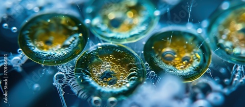 Marine phytoplankton called Ceratium tripos Mitosis Lugol preserved sample Selective focus image. Creative Banner. Copyspace image photo