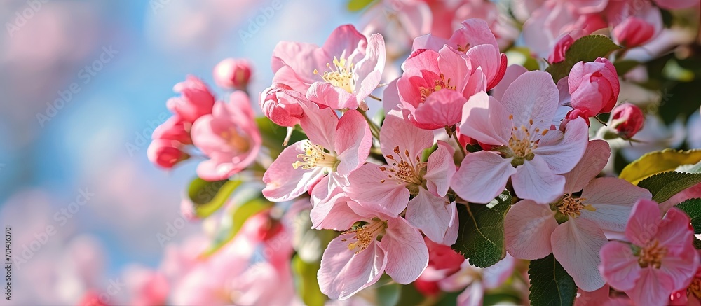 Pink flowers of blooming Apple tree in spring against blue sky on a Sunny day close up macro in nature outdoors. Creative Banner. Copyspace image