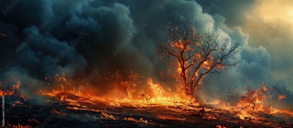 Wildfires destroy numerous beauty spots devastating land and peoples lives. Creative Banner. Copyspace image