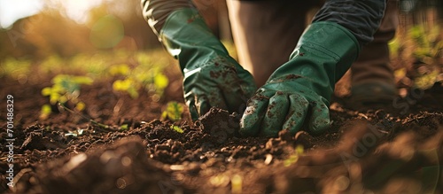 Man in green gloves checking quality of the soil on the farm Concept of farming growing plants and working on the ground Organic farming concept. Creative Banner. Copyspace image photo