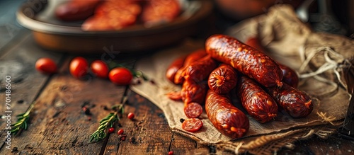 Traditional homemade saucissons and spanish chorizos hanging to dry in the curing room. Creative Banner. Copyspace image photo