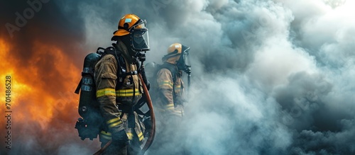 Professional firefighter s his steady resolve as they maneuver through the smoke filled atmosphere while holding fire hose in his shoulder. Creative Banner. Copyspace image
