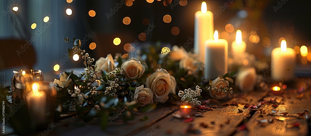 Table setting set with candles and flowers. Creative Banner. Copyspace image Table setting set with candles and flowers. Creative Banner. Copyspace image