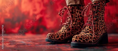Trendy fashion details close up of ankle boots with leopard print Stylish female outfit Copy empty space for text. Creative Banner. Copyspace image
