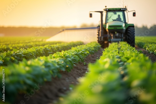 Tractor spraying pesticides at soy bean field. Farmer on tractor with a sprayer makes fertilizer for young vegetable  on green  field with at spring or summer. Agriculture background concept. .