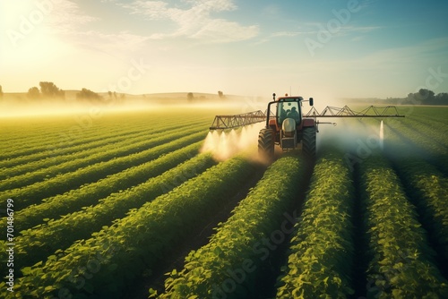 Farmer on tractor with a sprayer makes fertilizer for young vegetable on green field with at spring or summer. Tractor spraying pesticides at soy bean field. Agriculture background concept.