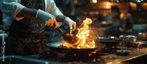Professional chef wearing gloves and apron cooking stir fry flambe holding a pan with open fire in a dark restaurant kitchen. Creative Banner. Copyspace image