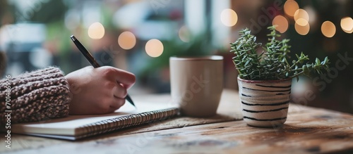 Side view of girl s hand drawing in spiral notepad placed on wooden desktop with blurry coffee cup and decorative plant. Creative Banner. Copyspace image photo