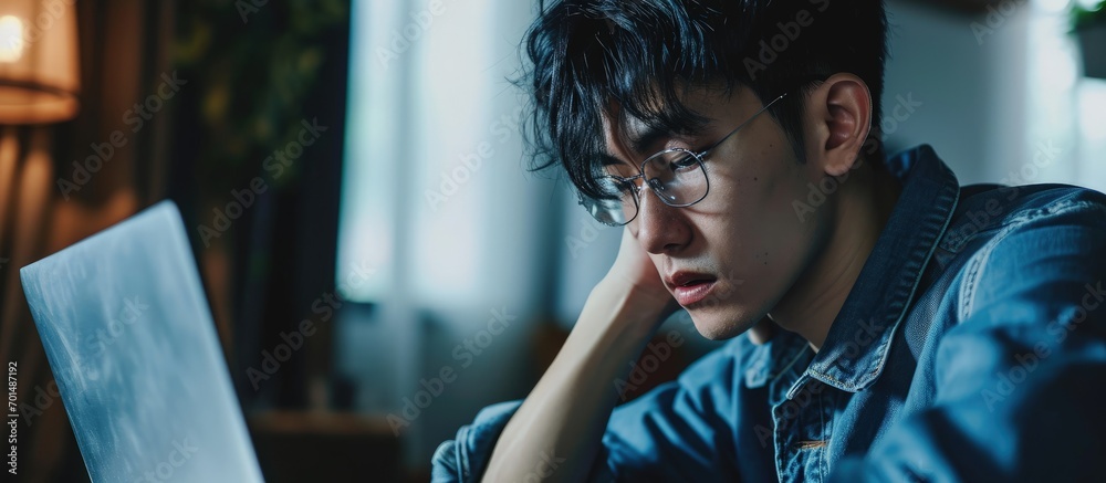 Obraz premium Unhappy young Asian man entrepreneur student tutor looking at laptop screen with serious and worried face and with hand on forehead when working or learning from home. Creative Banner