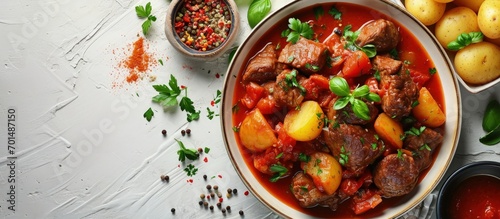 Potatoes stewed with meat in tomato sauce with spices and herbs no people on a white table. Creative Banner. Copyspace image