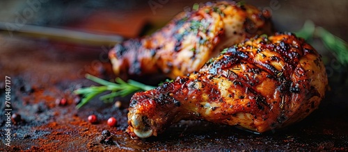 Photo of fresly grilled chicken leg quarter. Creative Banner. Copyspace image photo
