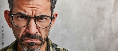 Middle age latin man wearing casual clothes and glasses disgusted expression displeased and fearful doing disgust face because aversion reaction. Creative Banner. Copyspace image photo