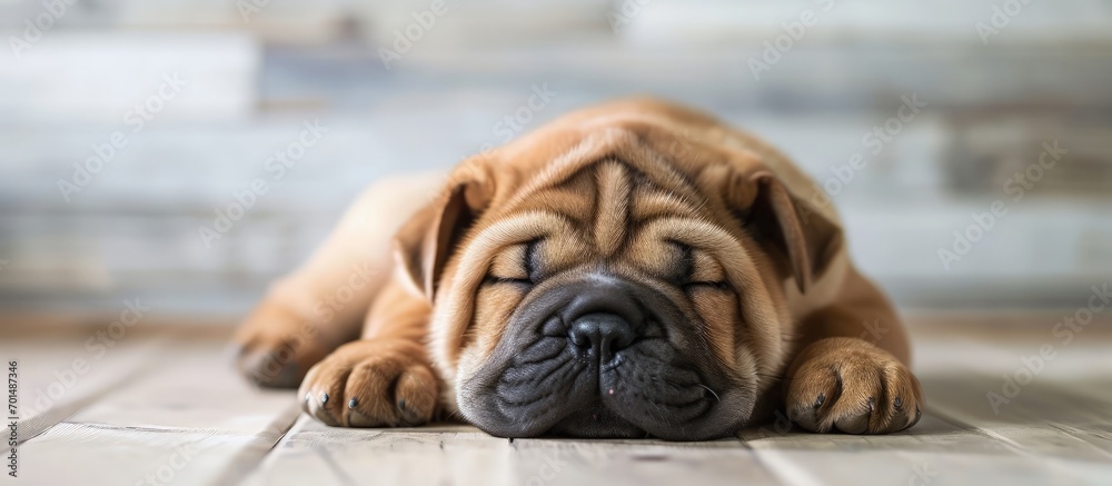 Shar Pei puppy sleeping on the floor Selective focus on closed eyes. Creative Banner. Copyspace image
