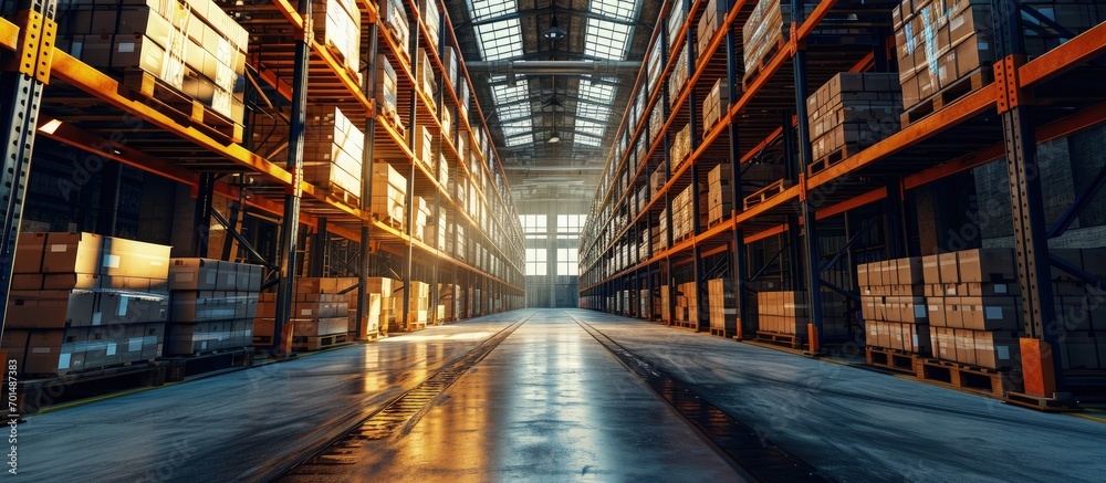 Panorama of an empty huge distribution warehouse with high shelves and pallet. Creative Banner. Copyspace image