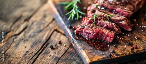 Raw dry aged wagyu entrecote beef steak roast as closeup on a rustic wooden cutting board. Creative Banner. Copyspace image photo