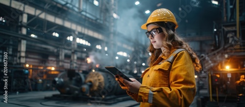 Professional Heavy Industry Engineer Worker Wearing Safety Uniform and Hard Hat Using Tablet Computer Serious Successful Female Industrial Specialist Walking in a Metal Manufacture Warehouse