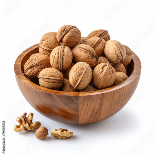 walnuts in a wooden bowl with transparent background created with Generative Ai