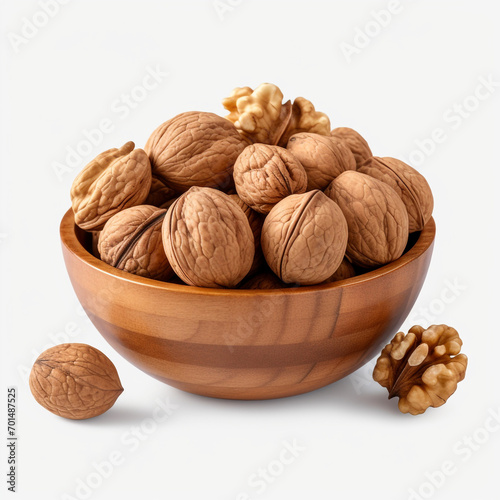 walnuts in a wooden bowl with transparent background created with Generative Ai