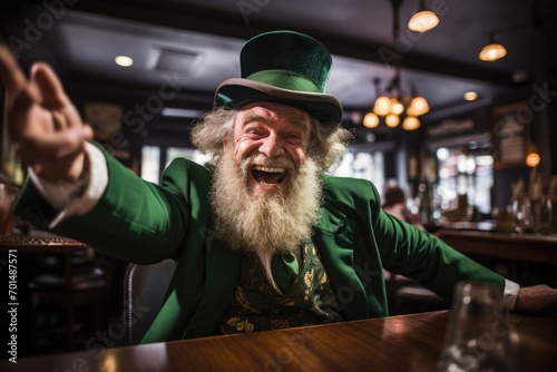 Portrait of a man in ireland pub, green leprechaun man, st Patrick's day concept.