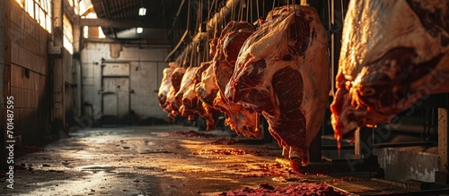 Processed beef carcasses hanging from hooks in storage area of slaughterhouse. Creative Banner. Copyspace image