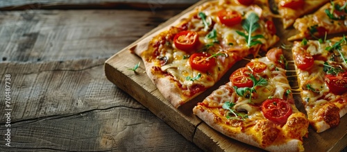 Wallpaper Mural Rectangular pizza with mushrooms tomatoes and arugula on a wooden cutting board. Creative Banner. Copyspace image Torontodigital.ca