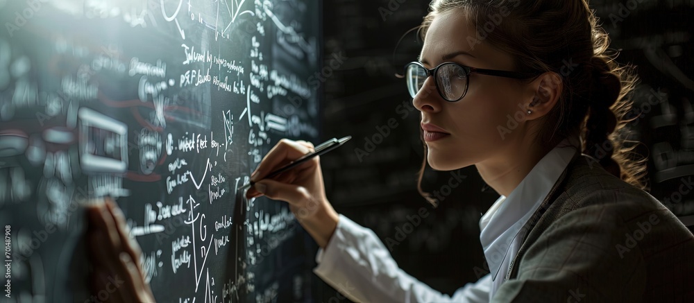 Young woman in smart casual writes formulas on the blackboard some formulas on the screen on the wall School teacher schoolmaster. Creative Banner. Copyspace image Young woman in smart casual writes formulas on the blackboard some formulas on the screen on the wall School teacher schoolmaster. Creative Banner. Copyspace image