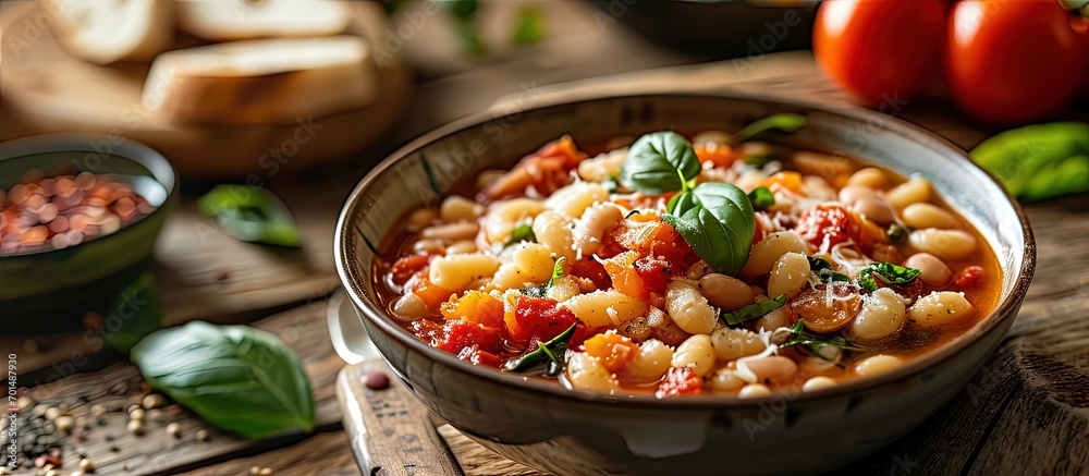 Traditional Italian dish pasta with borlotti bean broth Tasty pasta and bean soup. Creative Banner. Copyspace image Traditional Italian dish pasta with borlotti bean broth Tasty pasta and bean soup. Creative Banner. Copyspace image