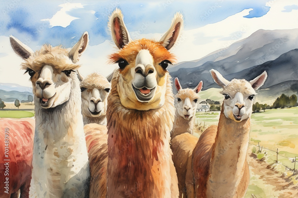 Obraz premium watercolor illustration happy herd of llamas on the fence at the farm in sunny day