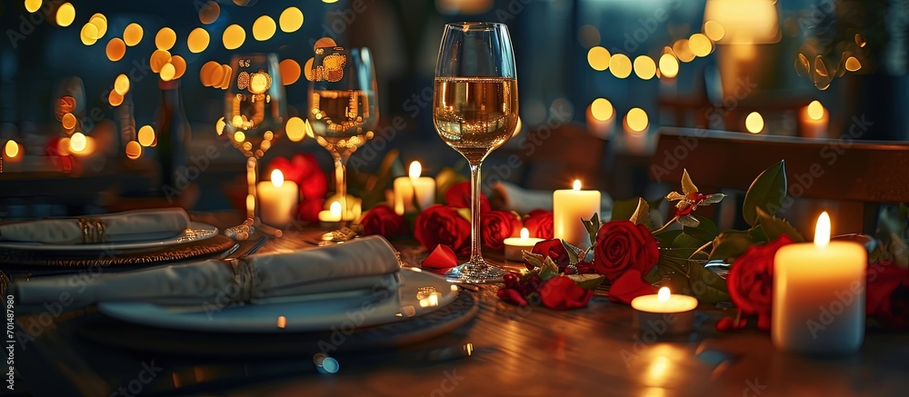 Setting table glasses in restaurant Location decoration decor candles for surprise marriage proposal Luxury candlelight dinner setup for couple on Valentine s day Romantic date Closeup detail Setting table glasses in restaurant Location decoration decor candles for surprise marriage proposal Luxury candlelight dinner setup for couple on Valentine s day Romantic date Closeup detail