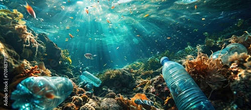 Plastic remains in water polluted ocean underwater marine ecologic concept. Creative Banner. Copyspace image