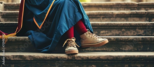 PhD doctoral graduate in regalia gown holding Tudor bonnet cap sitting on university steps with sneaker canvas shoes showing Red and blue grad gown gold tassel showing. Creative Banner photo