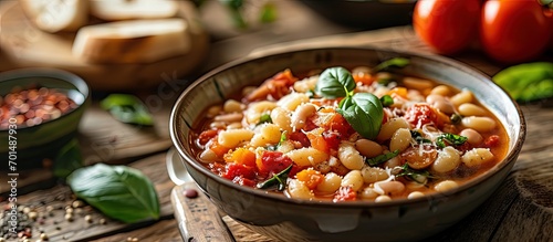 Traditional Italian dish pasta with borlotti bean broth Tasty pasta and bean soup. Creative Banner. Copyspace image