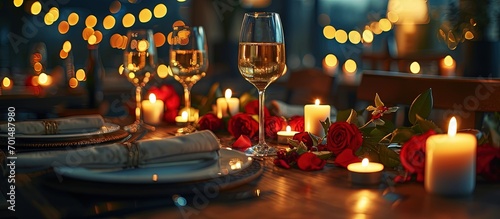 Setting table glasses in restaurant Location decoration decor candles for surprise marriage proposal Luxury candlelight dinner setup for couple on Valentine s day Romantic date Closeup detail photo