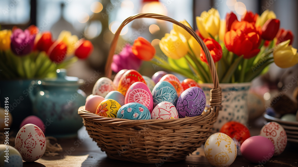 Colorful Easter eggs in wicker basket and tulips