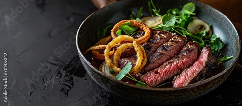 Modern style traditional Cuban dry aged angus bistec encebollado steak with onion rings in soy sauce served as top view in a Nordic design bowl with copy space. Creative Banner. Copyspace image photo