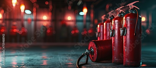 red fire extinguishers in the production of different volumes for extinguishing. Creative Banner. Copyspace image photo