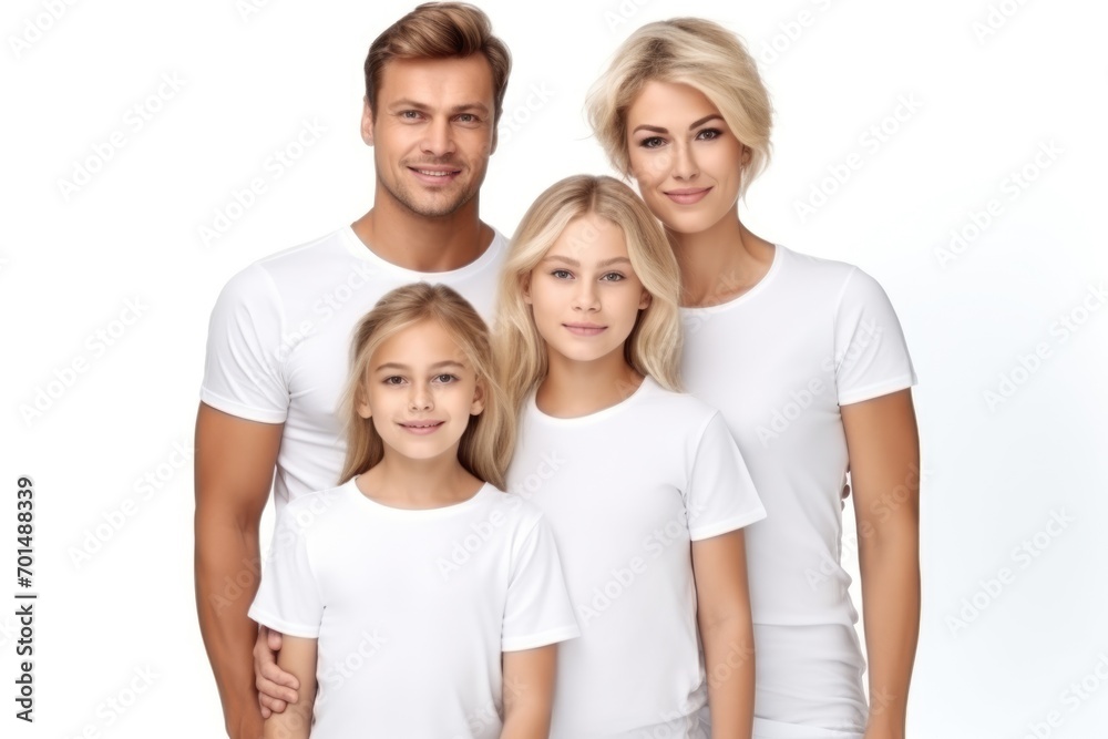 happy young family in white t-shirts holding hands mockup isolated on white happy young family in white t-shirts holding hands mockup isolated on white