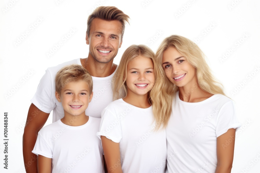 happy young family in white t-shirts holding hands mockup isolated on white happy young family in white t-shirts holding hands mockup isolated on white