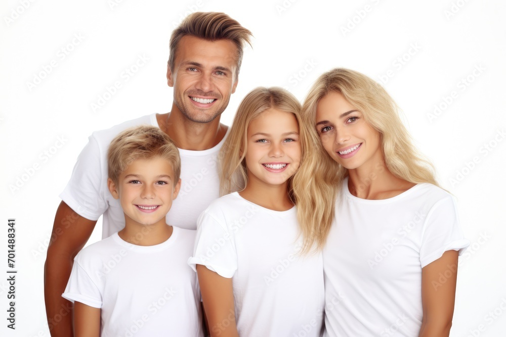 happy young family in white t-shirts holding hands mockup isolated on white