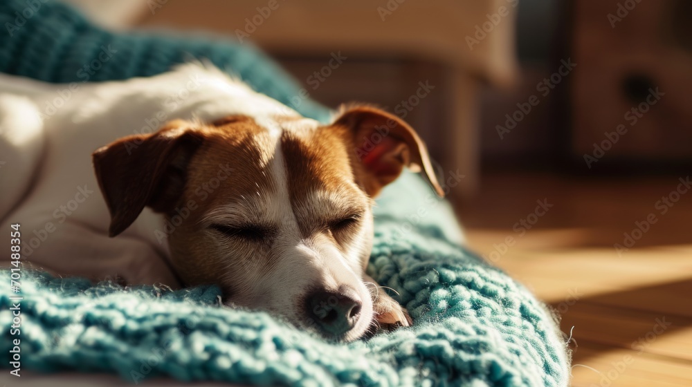 Young Jack Russell Terrier peacefully rests on a turquoise knitted blanket, sprawled on the parquet floor of the living room on a sunny day Young Jack Russell Terrier peacefully rests on a turquoise knitted blanket, sprawled on the parquet floor of the living room on a sunny day
