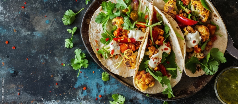 Spicy roasted cauliflower tacos with cilantro and mexican crema. Creative Banner. Copyspace image - obrazy, fototapety, plakaty 