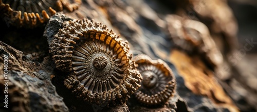 Preserved fossil of Palaeozoic marine crinoids. Creative Banner. Copyspace image