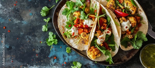 Spicy roasted cauliflower tacos with cilantro and mexican crema. Creative Banner. Copyspace image