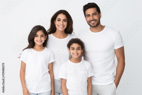 happy young hispanic family in white t-shirts holding hands mockup isolated on white