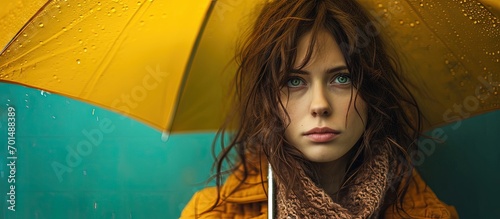 Waist up portrait of unhappy girl holding umbrella in hands She is looking at camera with discontent. Creative Banner. Copyspace image