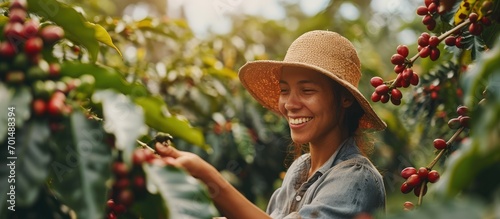 Smiling woman from Brazil picking red coffee seed on coffee plantation. Creative Banner. Copyspace image photo